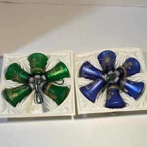Kurt Adler Vintage Krebs& Sohn Green, Blue and Gold Bell Ornaments 3” long